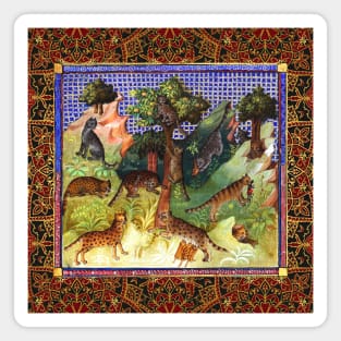 BOOK OF HUNTING ,WILD CATS, LEOPARDS IN WOODLAND GREENERY Medieval Miniature Magnet